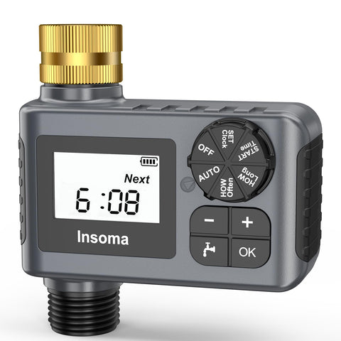 Insoma water timer on outdoor hose with easy setup for precise watering.