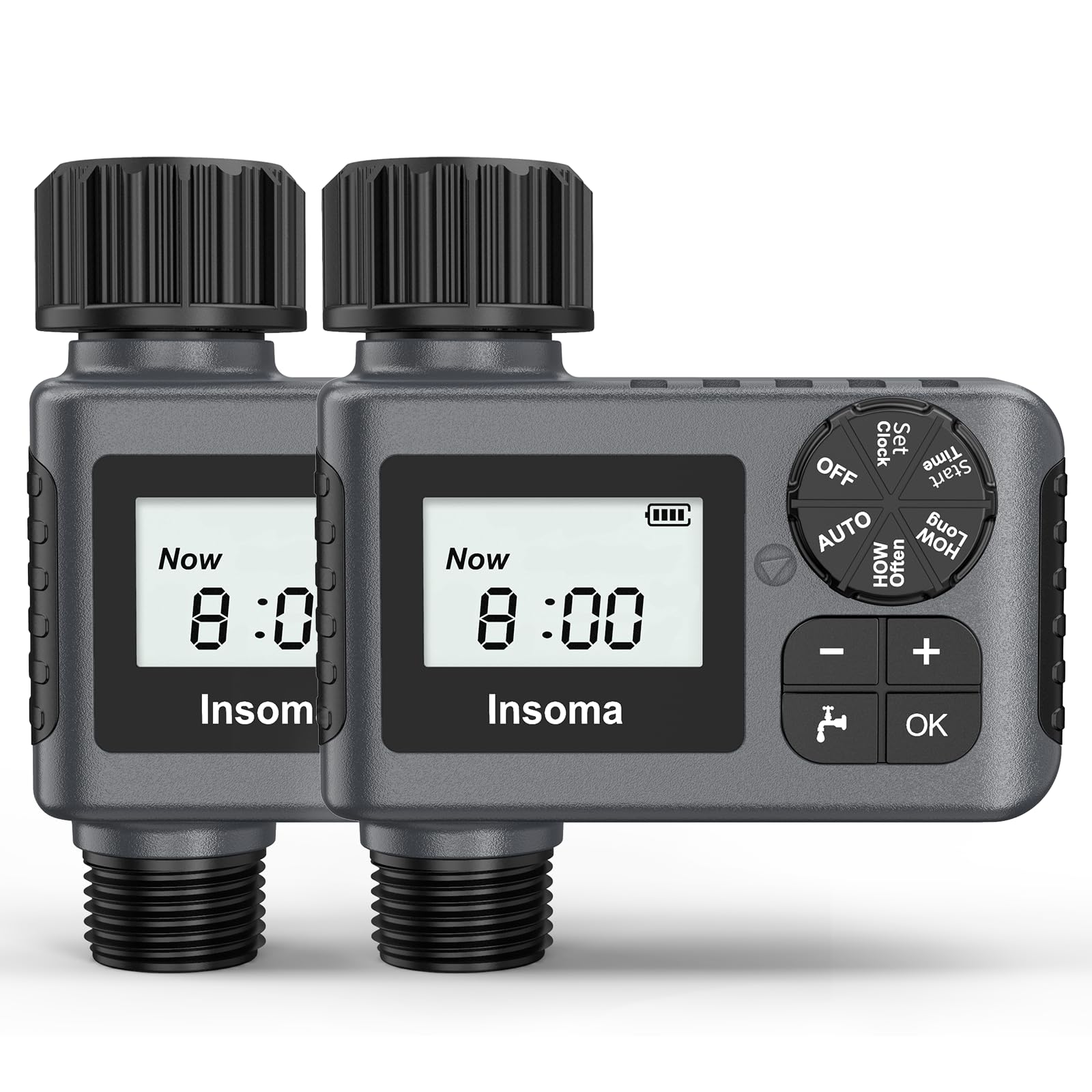 Insoma water timer two-pack shown for convenient outdoor irrigation.