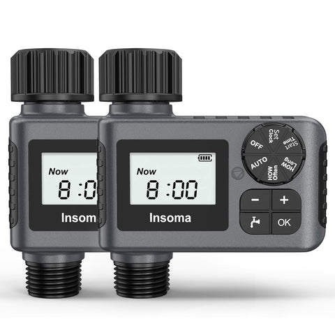 Insoma water timer two-pack shown for convenient outdoor irrigation.
