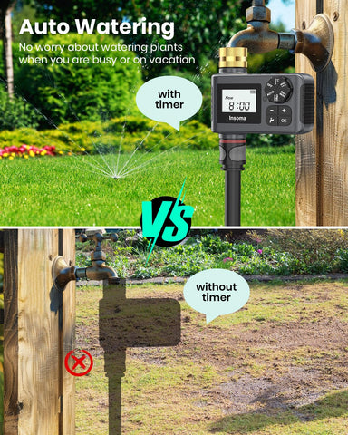 Auto, Manual, and Rain Delay modes provide flexible watering control