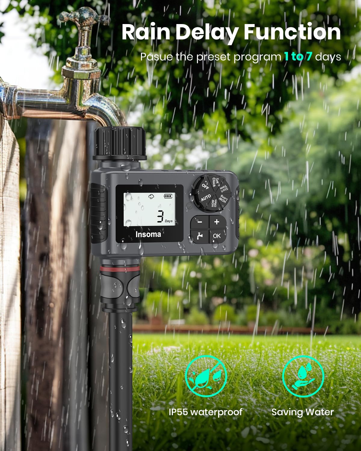 Insoma waterproof housing protects timer in outdoor conditions.