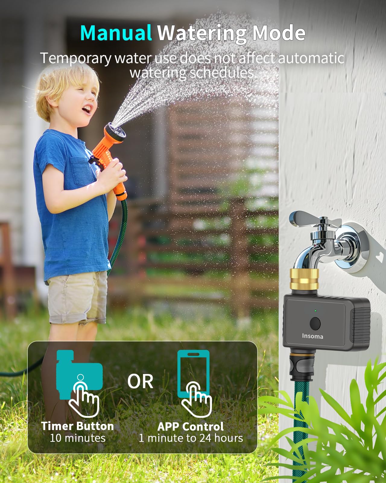 Smart Life app scheduling on the Insoma timer for flexible watering plans.