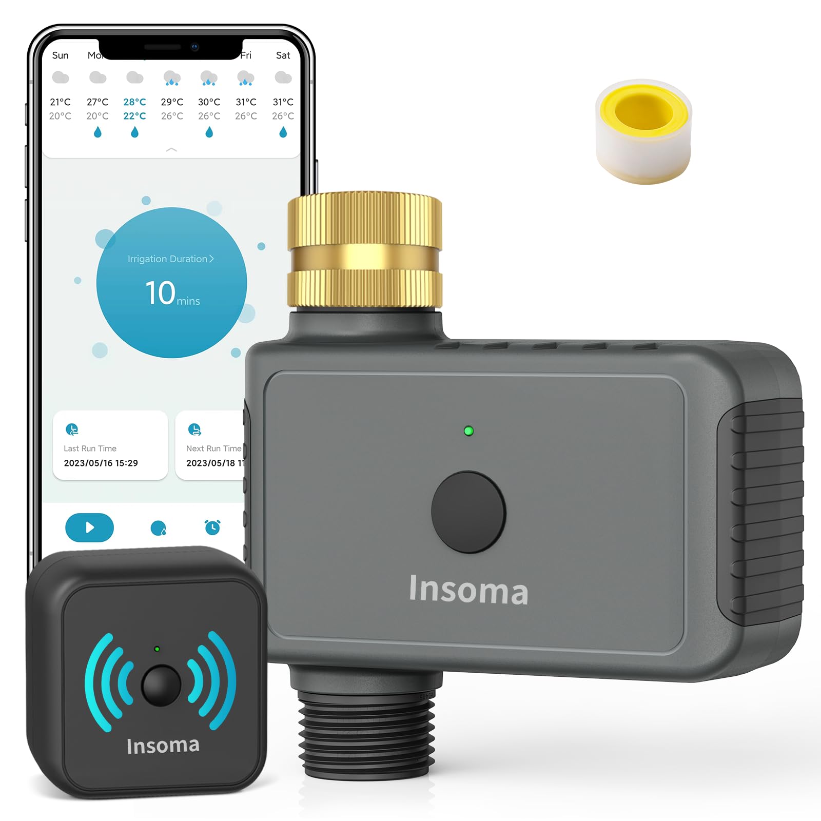 Insoma WiFi hose timer with brass inlet for a durable, leak‑proof garden connection.