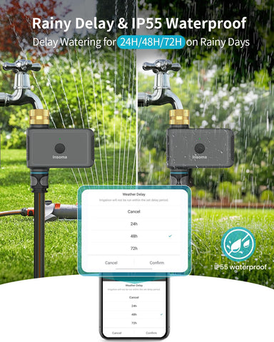 Rain delay feature on the Insoma timer to skip watering after rain.