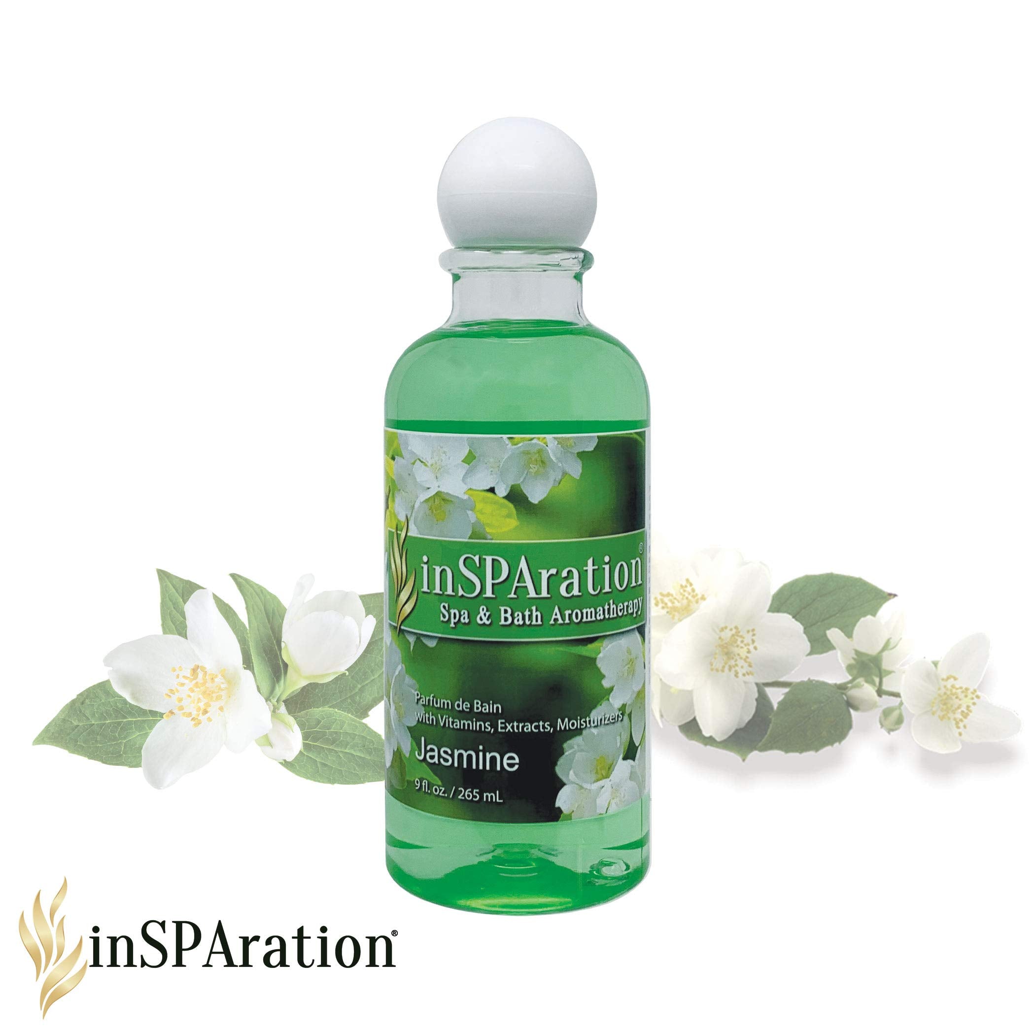 Pouring capful of InSPAration Jasmine spa liquid into a hot tub for aroma