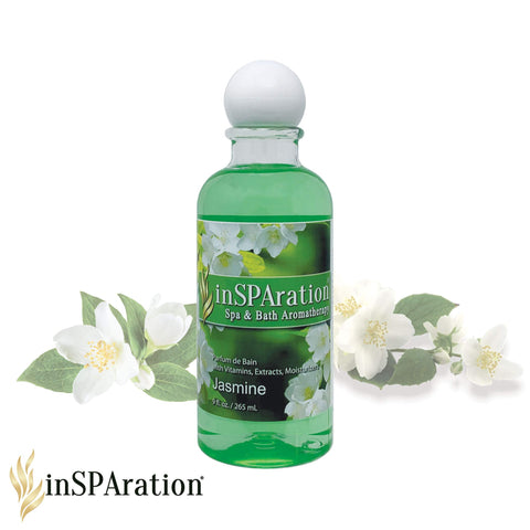 Pouring capful of InSPAration Jasmine spa liquid into a hot tub for aroma