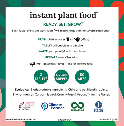 Instant Biologics all-purpose indoor plant food applied to pots.