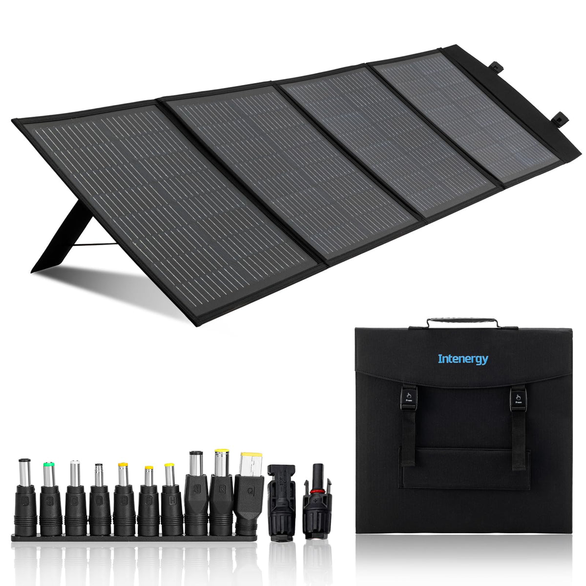 Intenergy 100W foldable panel front view powering a laptop outdoors