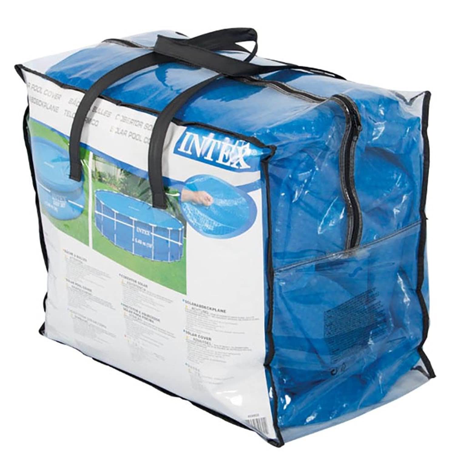 Intex 28015E bubble-side-down on pool surface for heat capture.