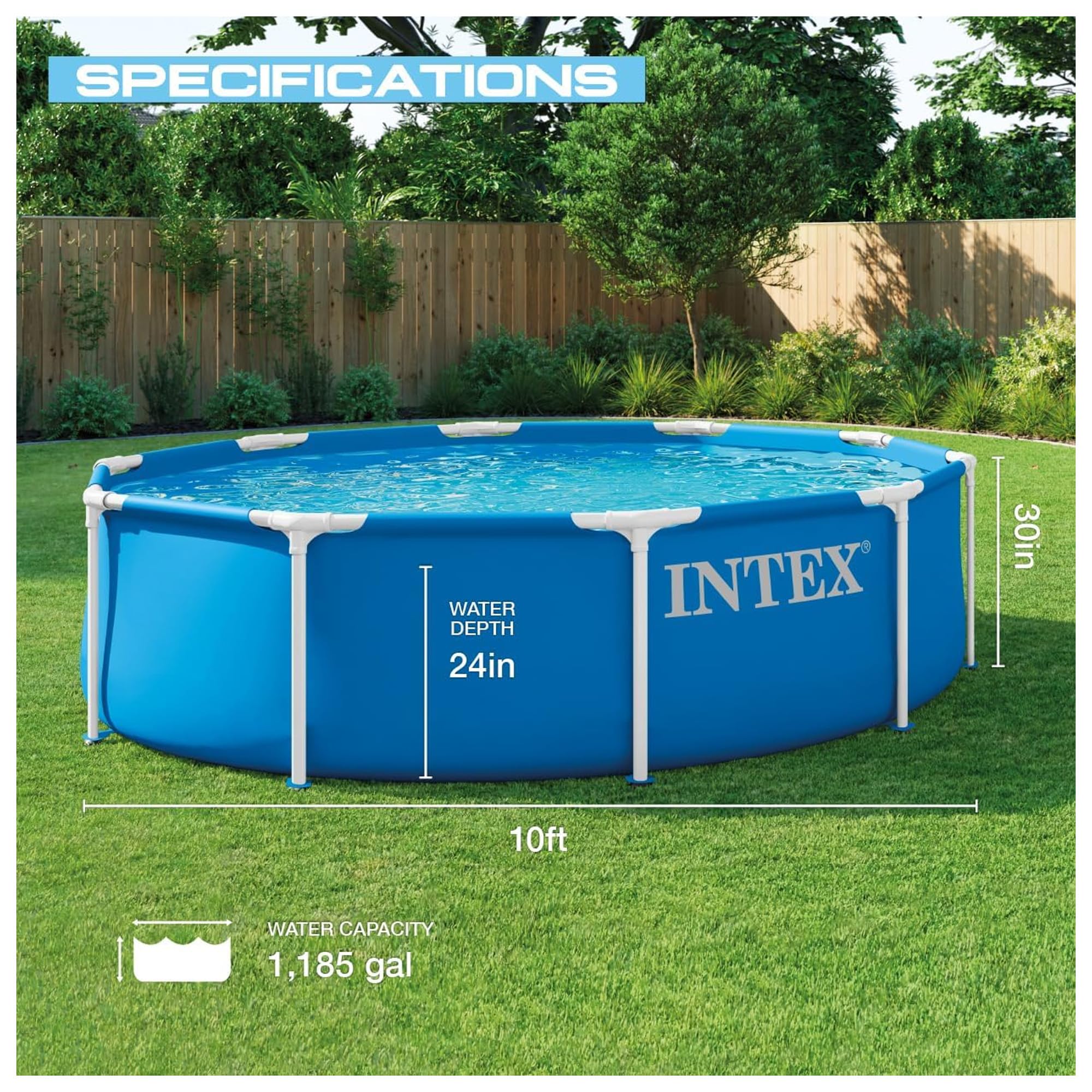 Intex 28200EP pool front view emphasizes space-saving round design for family use.