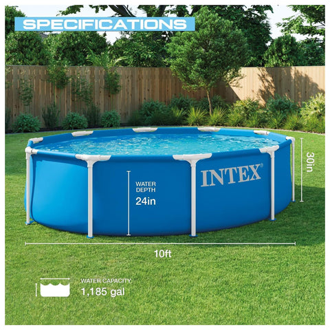 Intex 28200EP pool front view emphasizes space-saving round design for family use.