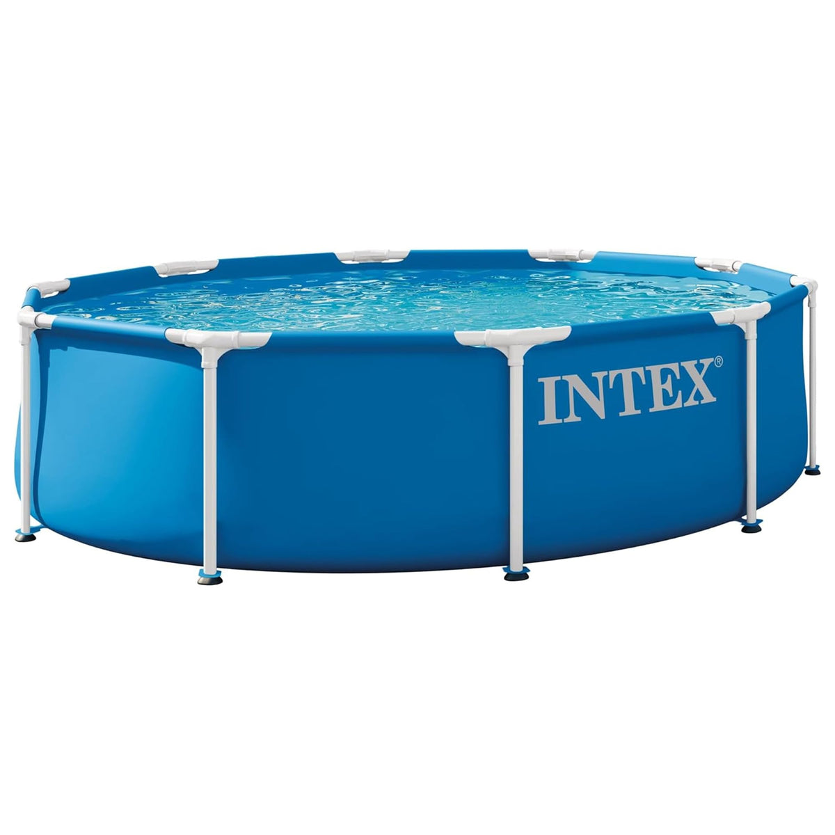 Intex 28200EP pool side view highlights sturdy metal frame for reliable backyard fun.
