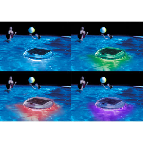 Color-changing cycle with blue, green, red, and purple enhances pool parties.