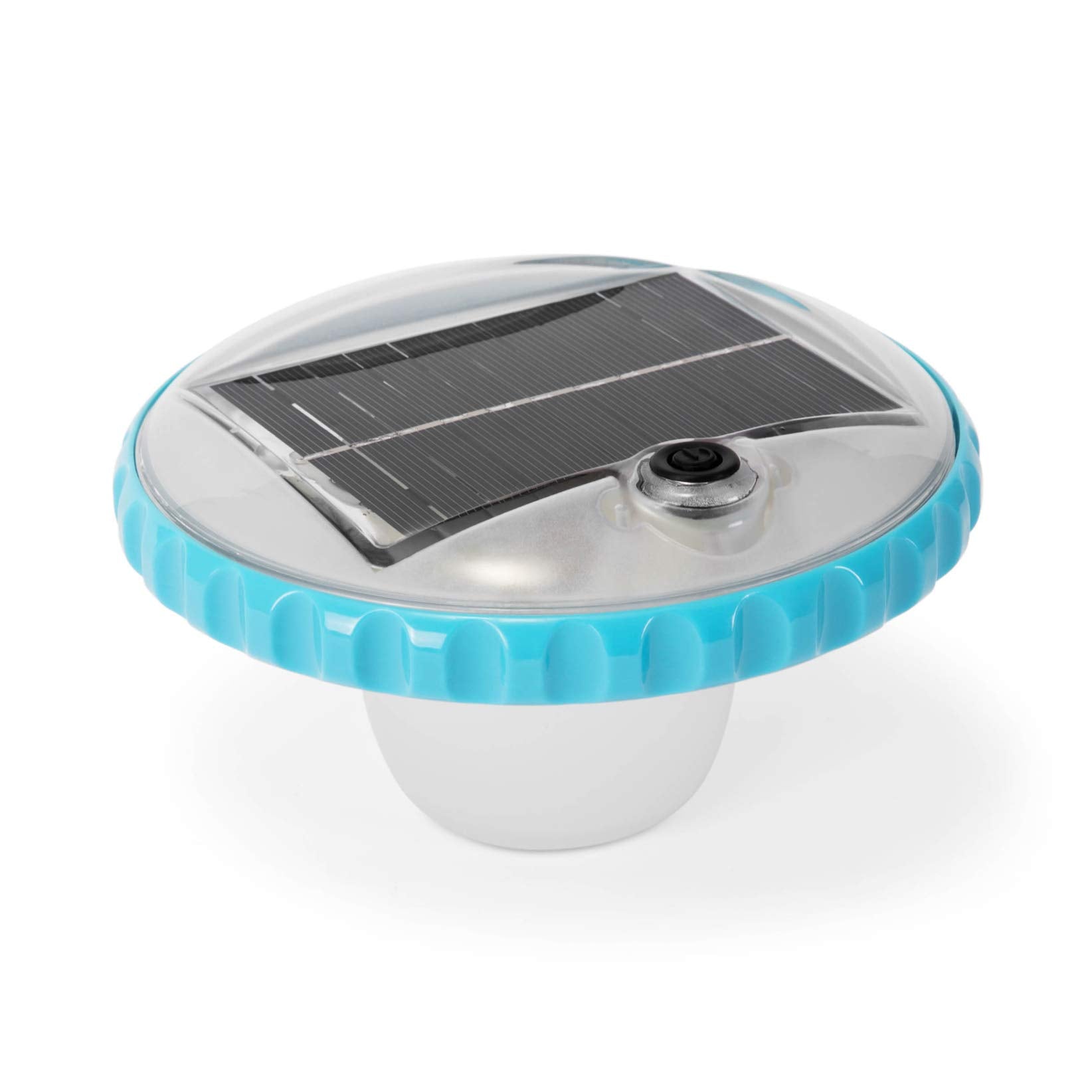 Intex 28690E solar LED floating light in color-changing mode for vibrant pool ambience at night.