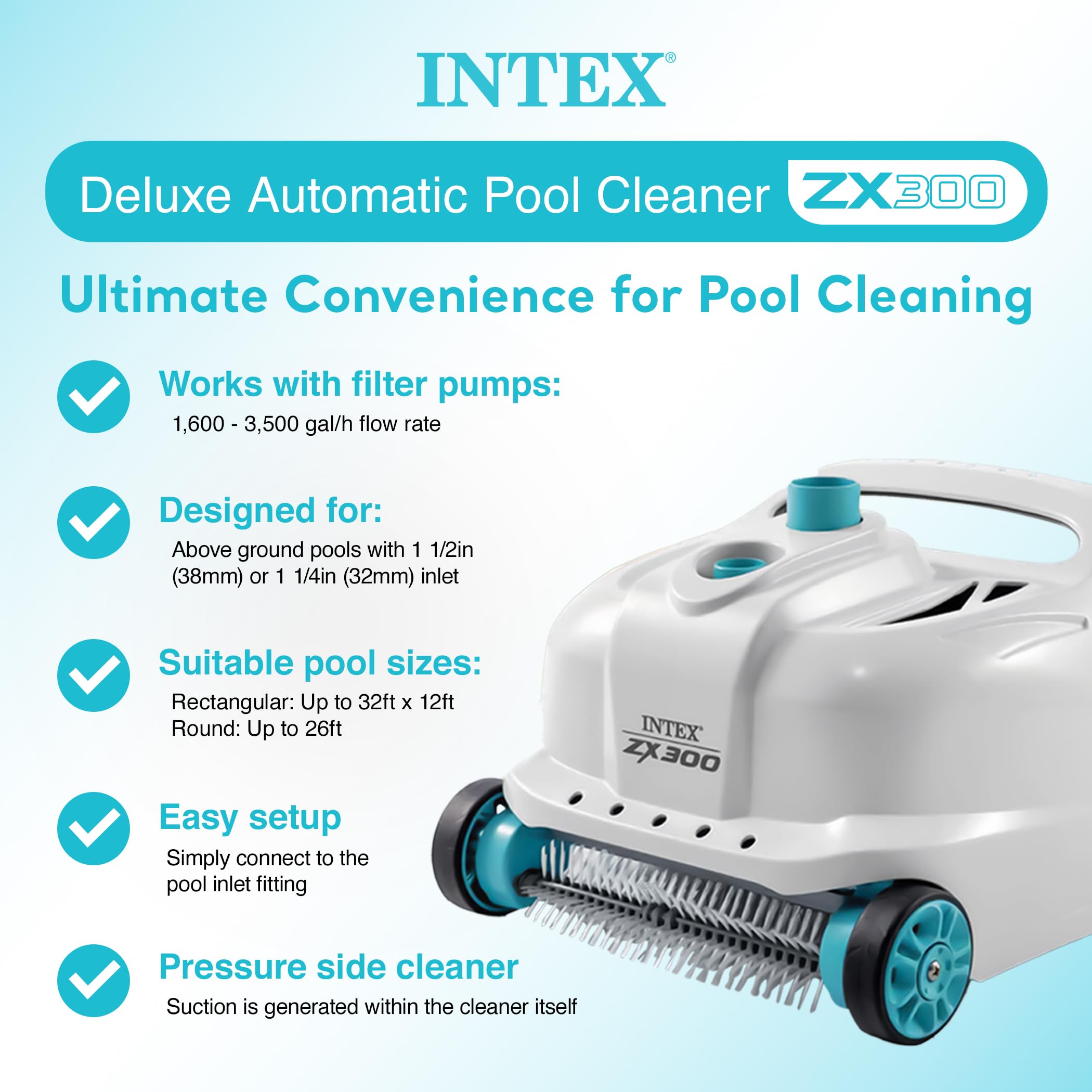 Intex Deluxe pool cleaner with dual dirt scrubbers tackles fine dirt at waterline.
