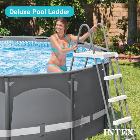 Intex deluxe ladder base and corrosion-resistant frame on display.