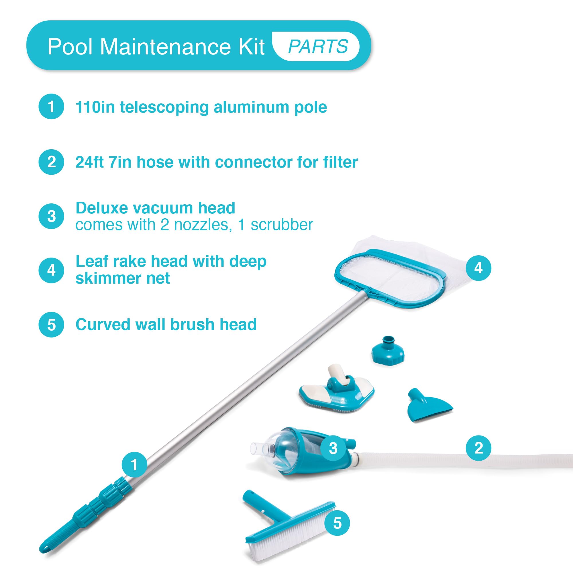 Intex 110-inch telescoping pole extended for reaching distant pool areas.