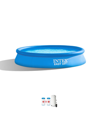 Intex Easy Set pool top ring inflates for quick setup and summer fun.