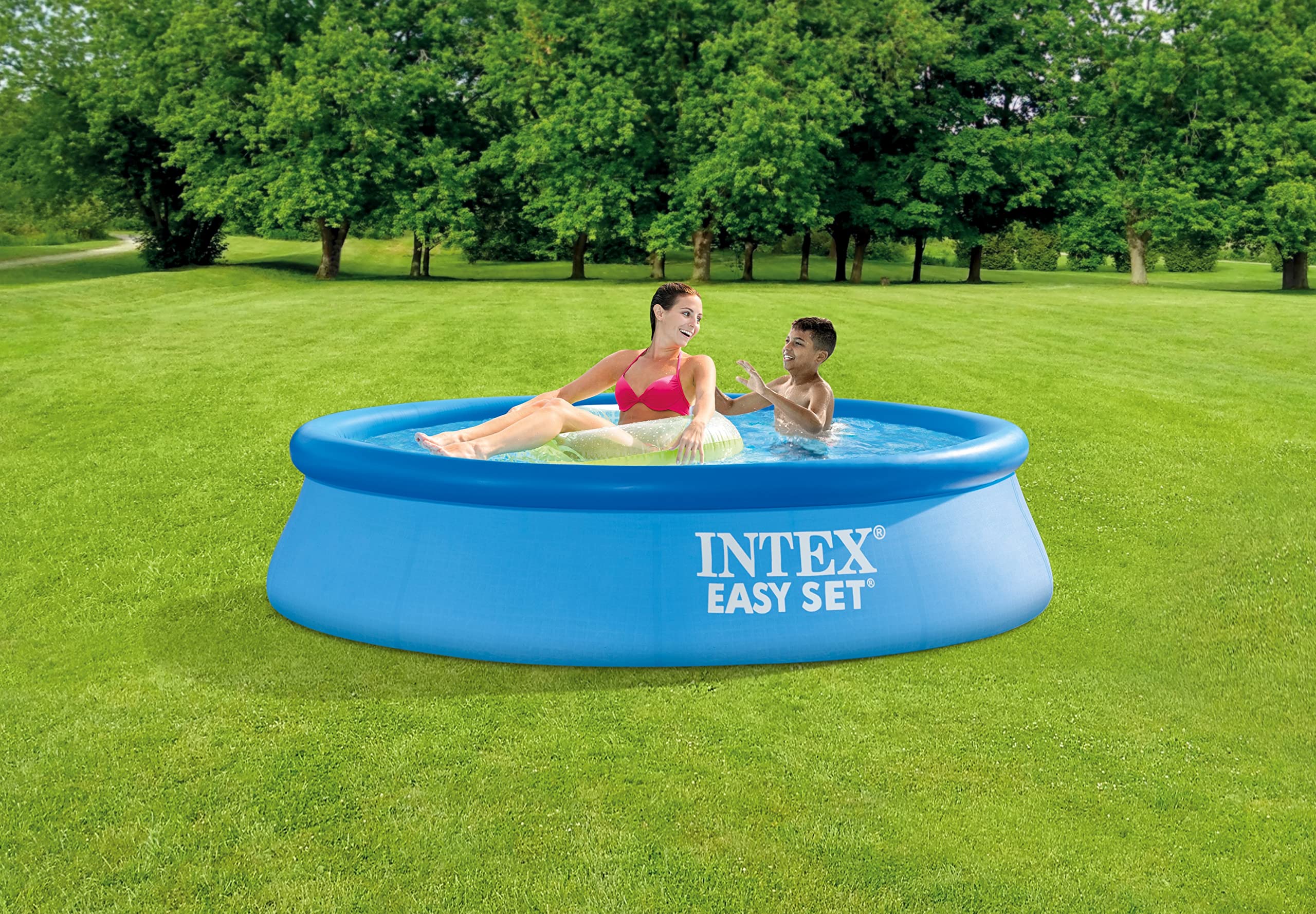 Intex Easy Set pool pump provides efficient circulation for clear water.