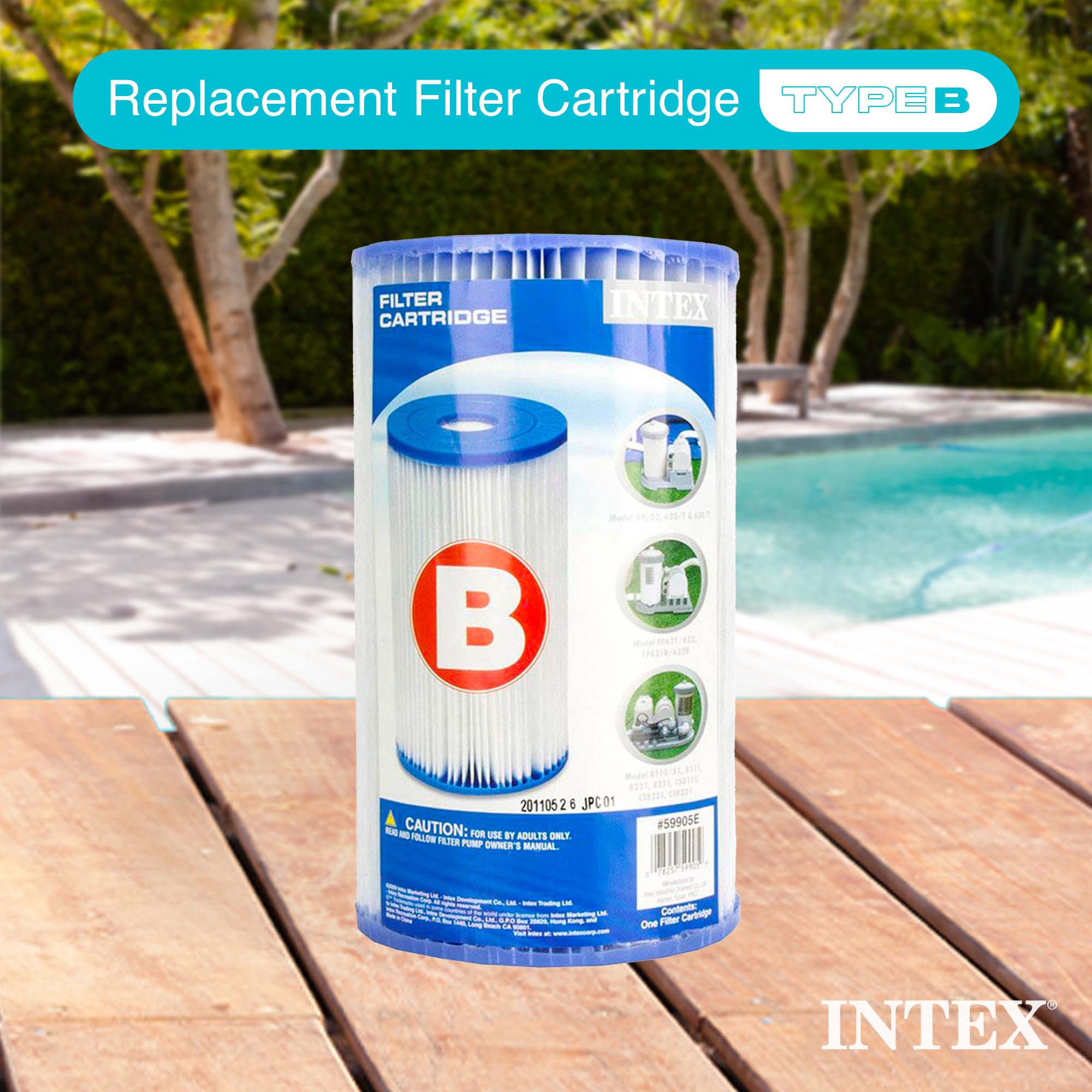 Intex Easy Set pool filter packaging close-up shows ready-to-use cartridges.