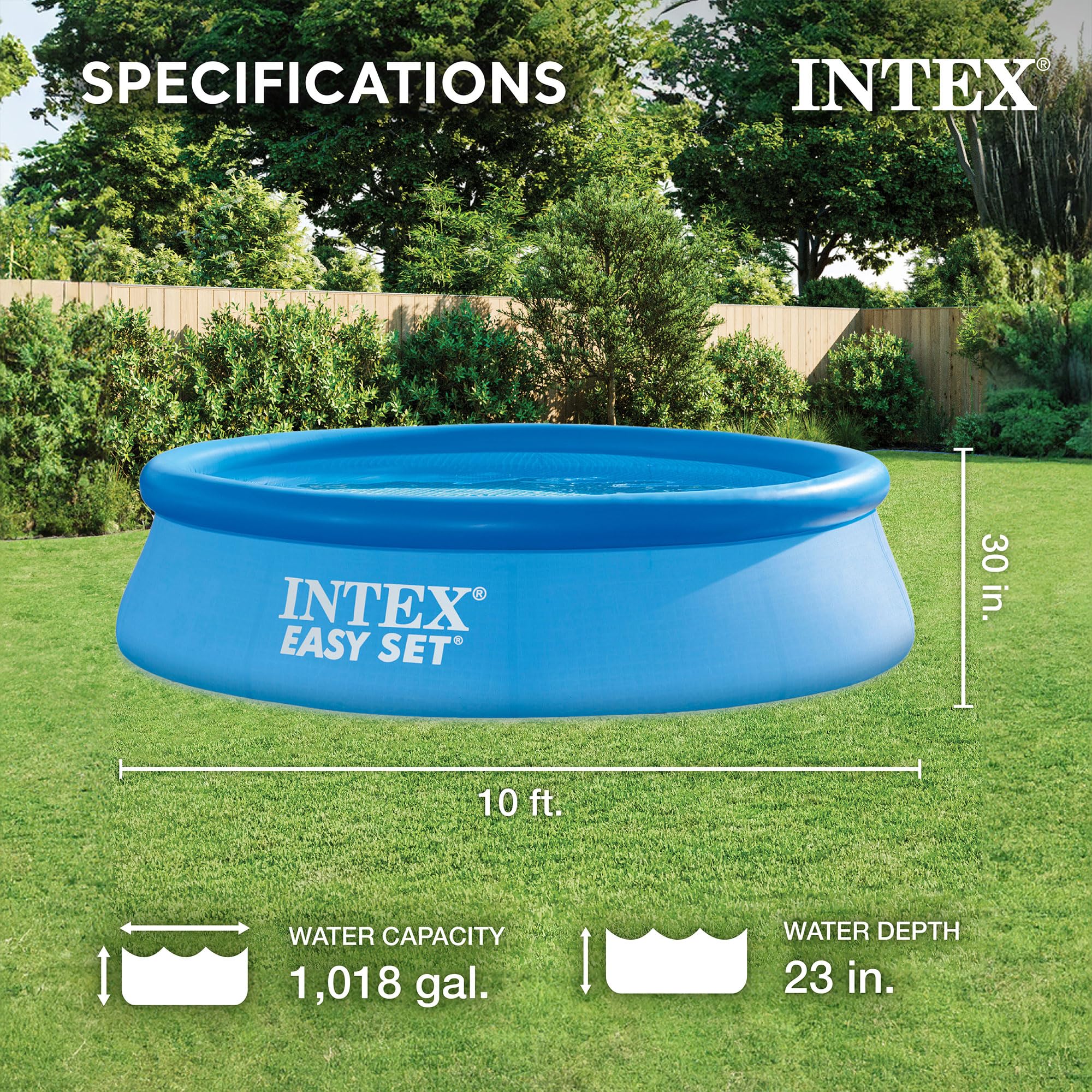 Intex pool showing 1018-gallon capacity for family swimming.