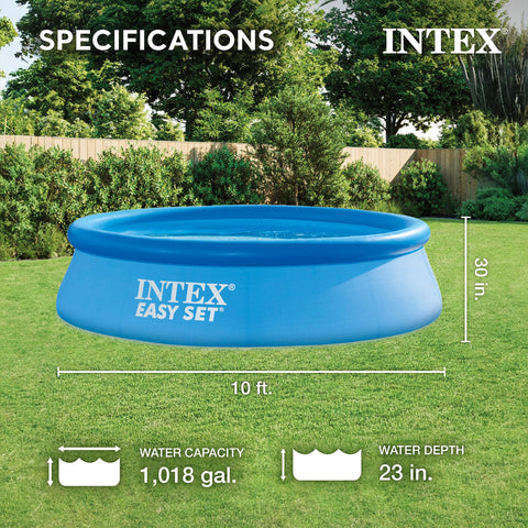Intex pool showing 1018-gallon capacity for family swimming.