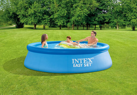 Intex Easy Set pool top ring inflated for a secure, splash-ready start.