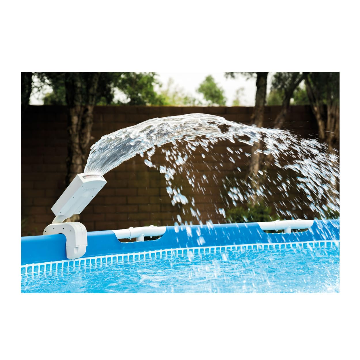 Intex LED Pool Sprayer emitting a colorful water spray to cool hot days.