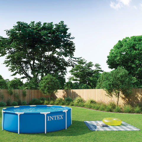 Intex Metal Frame pool capacity 1185 gallons supports family cooling and play.