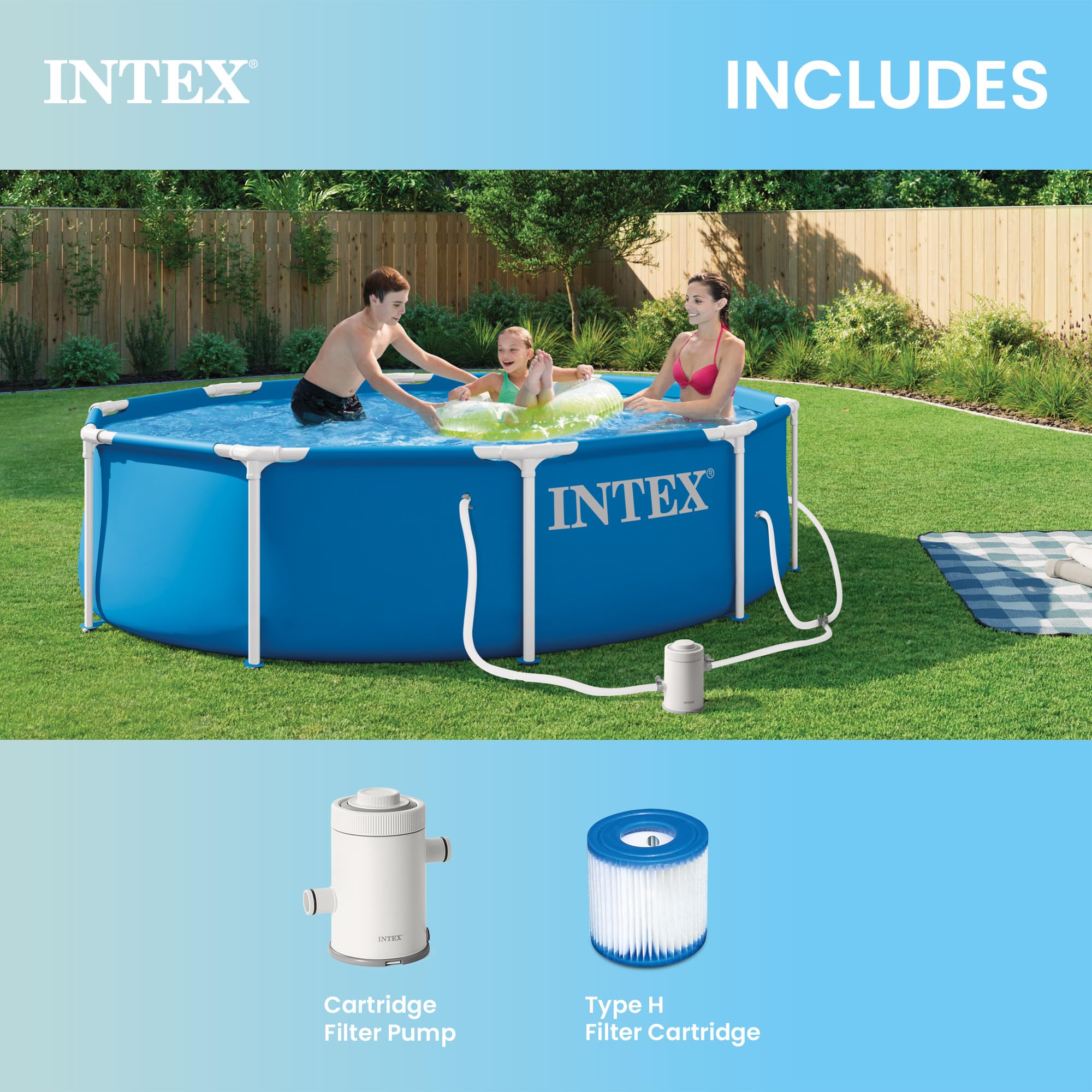 Intex Metal Frame pool Krystal Clear pump keeps water clean and refreshing.