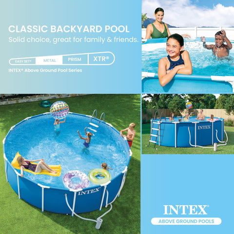 Intex Metal Frame pool ready in 30 minutes for weekend backyard fun.