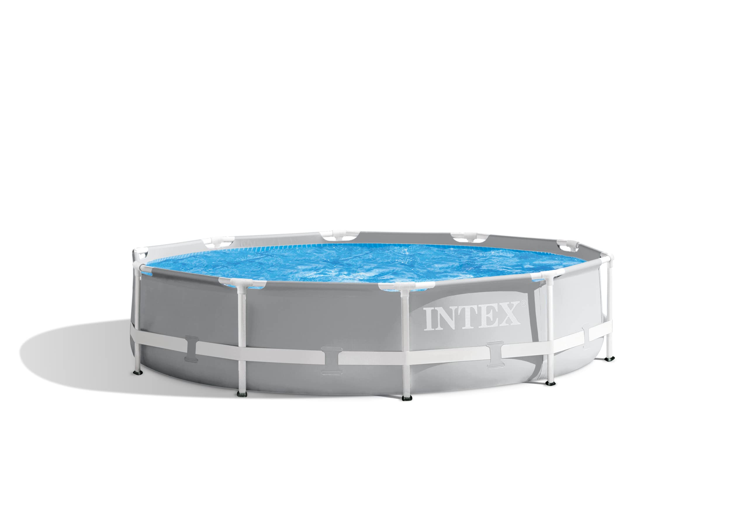 Intex Prism Frame 10ft pool top view highlighting a compact, family-friendly backyard setup.