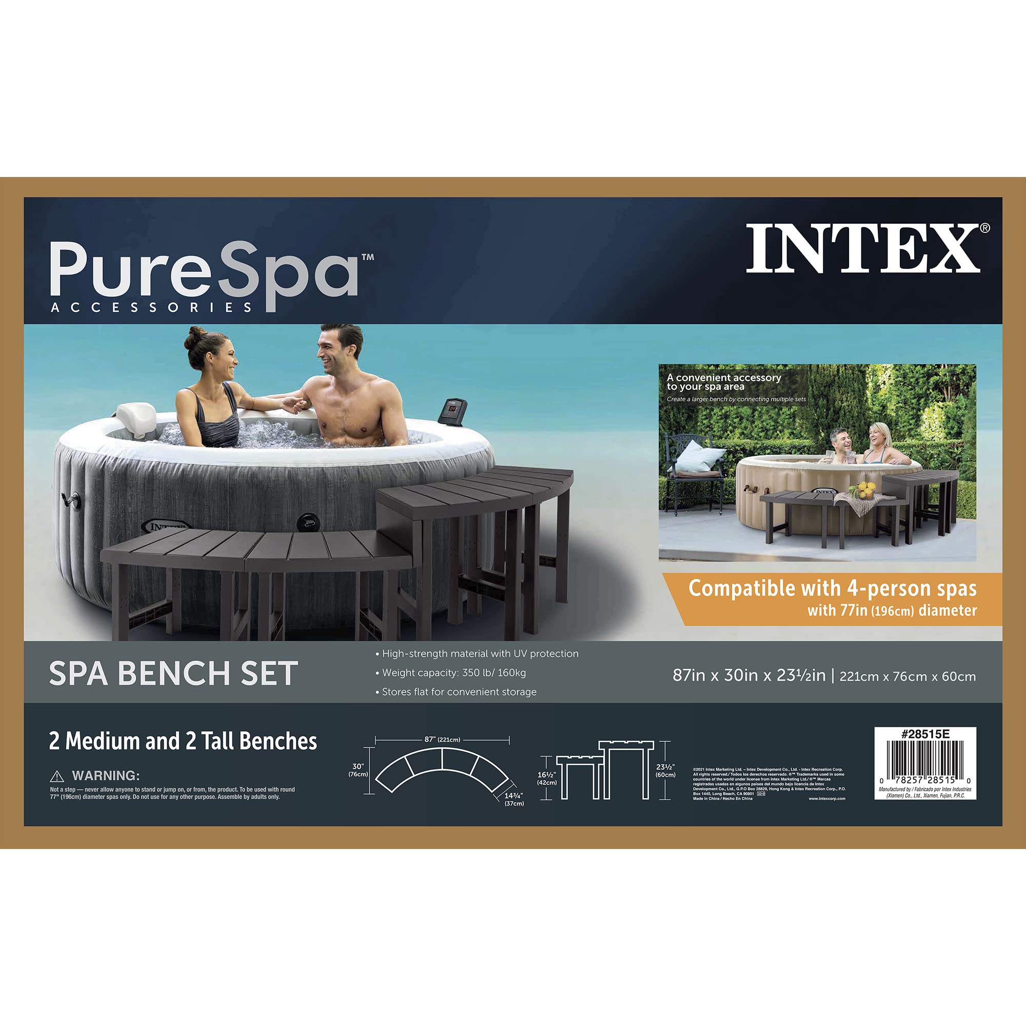 Intex PureSpa bench set compatible with 4-person spas showcased.