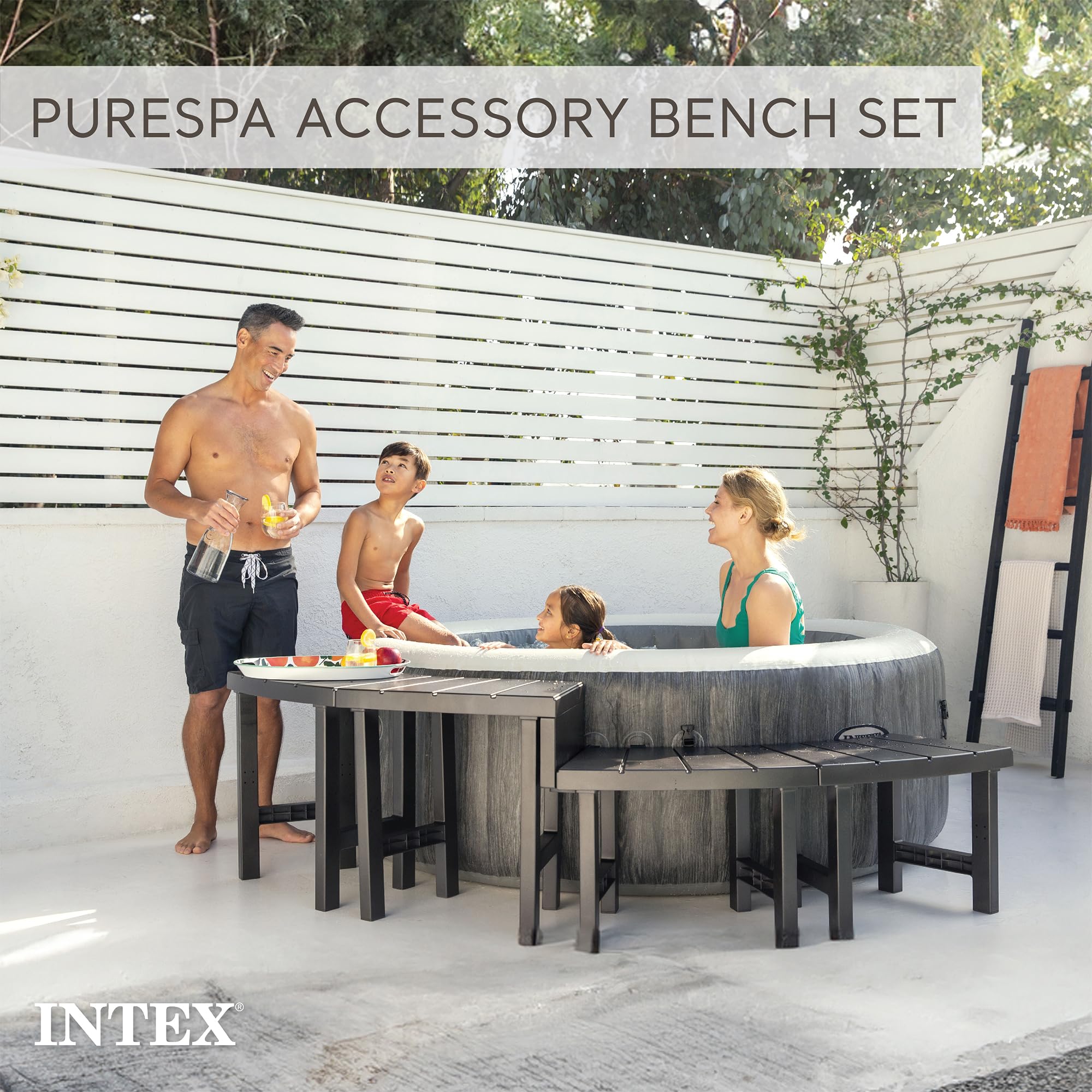 Intex PureSpa bench material close-up highlights UV-resistant, durable plastic.
