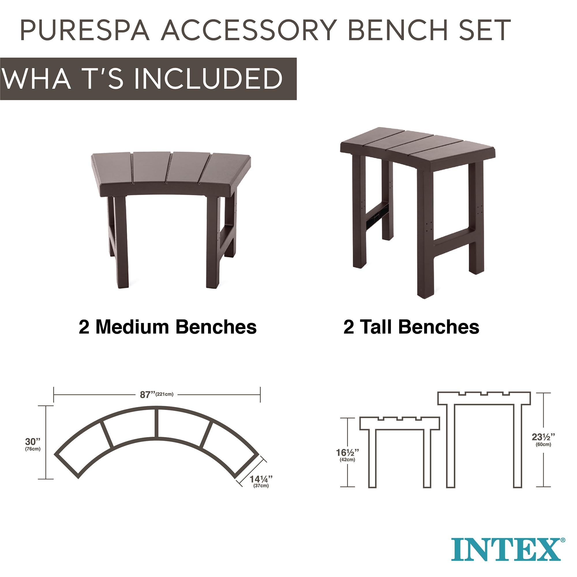 Intex PureSpa bench set in spa scene illustrates coordinated seating and organization.