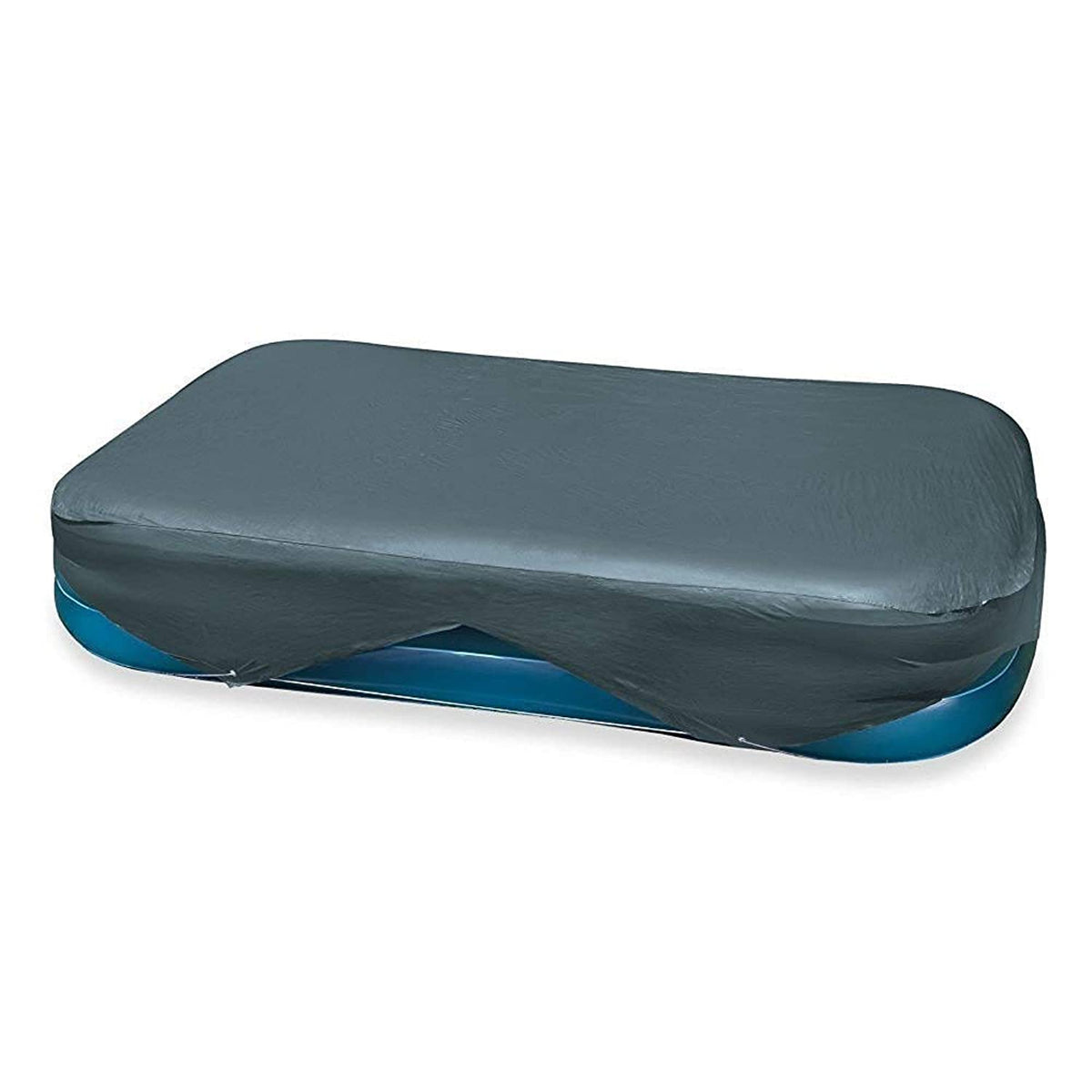 Intex rectangular pool cover 58412EP protecting a family pool from debris.