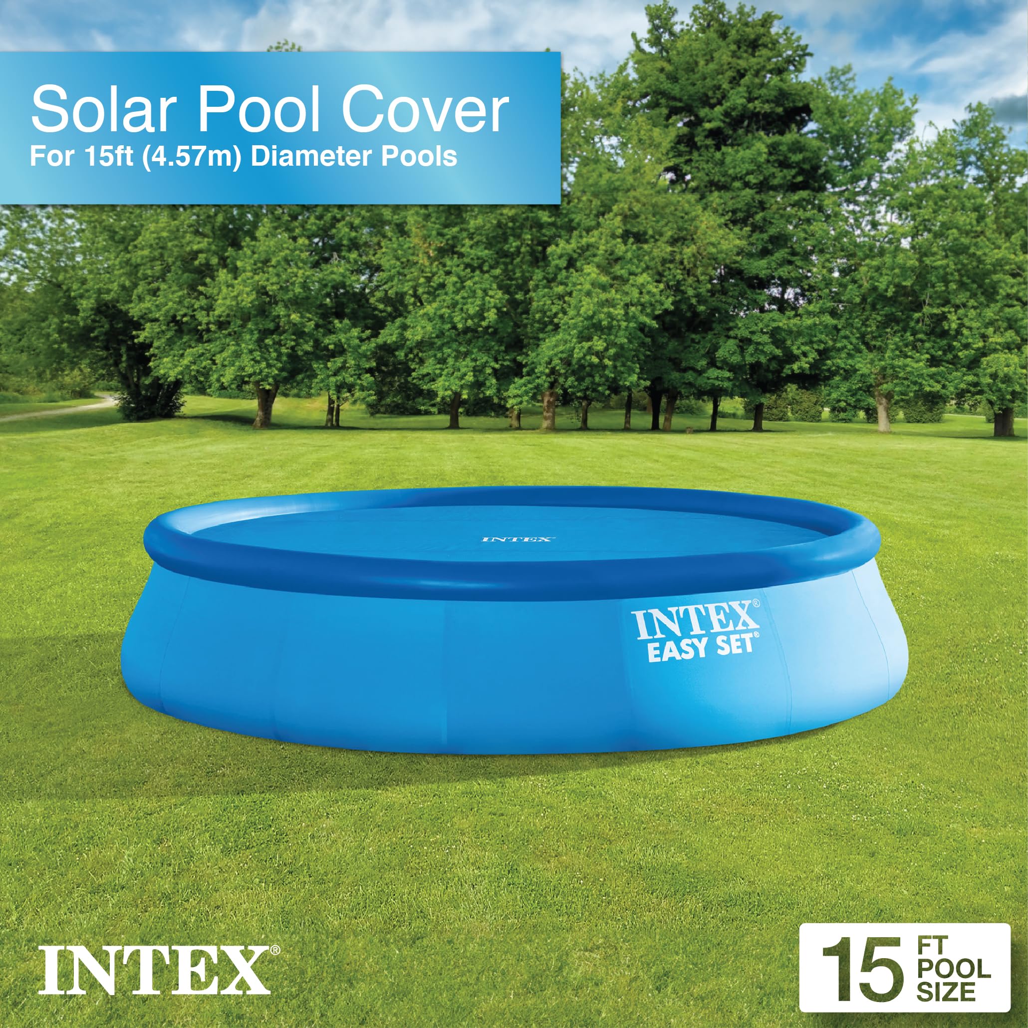 INTEX 28013E Solar Pool Cover uses heat-transfer bubbles to capture sun warmth.