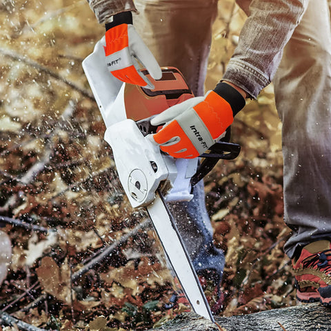Intra-FIT chainsaw gloves hi-visibility orange back for safer operation.