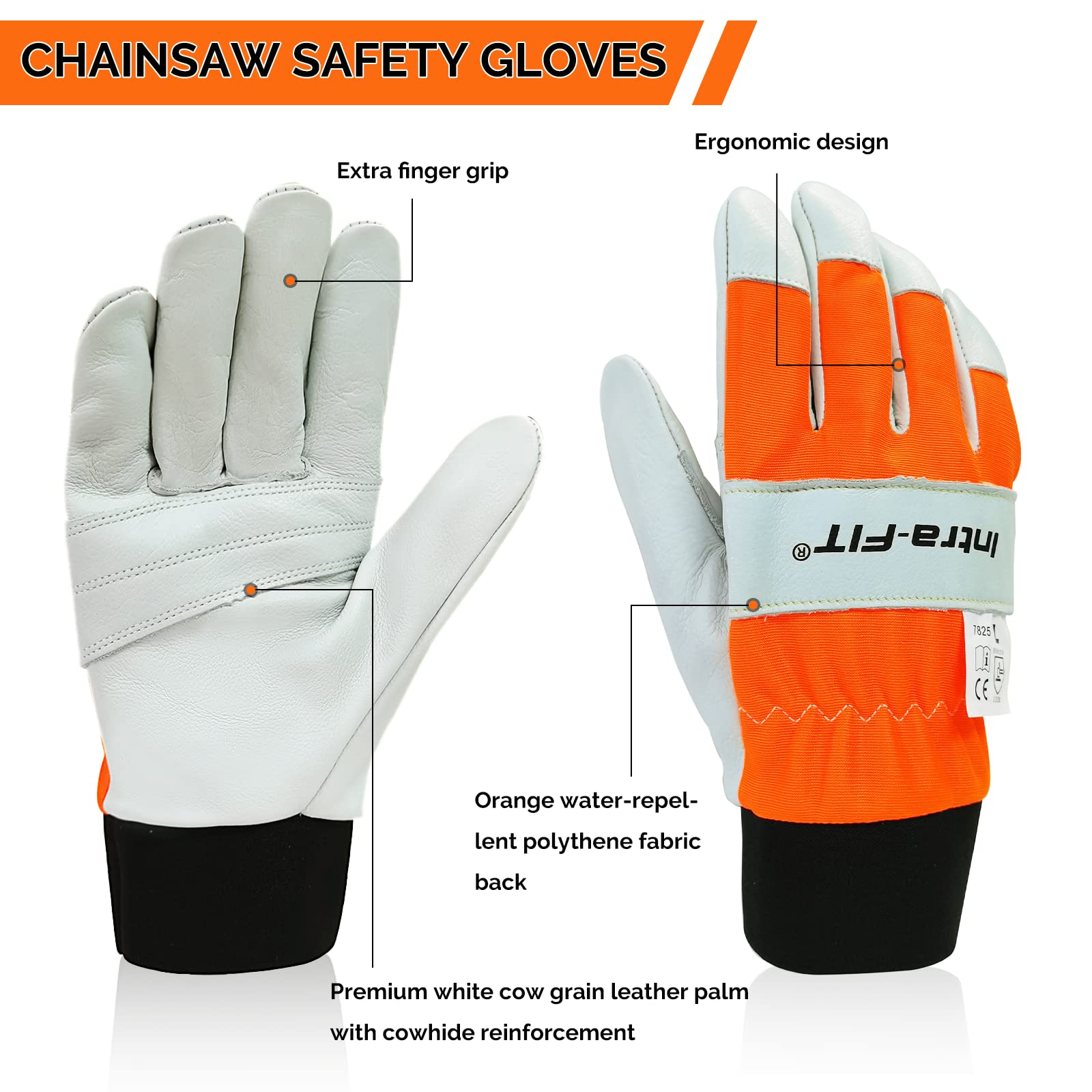 Intra-FIT chainsaw gloves with orange back fabric for high visibility.