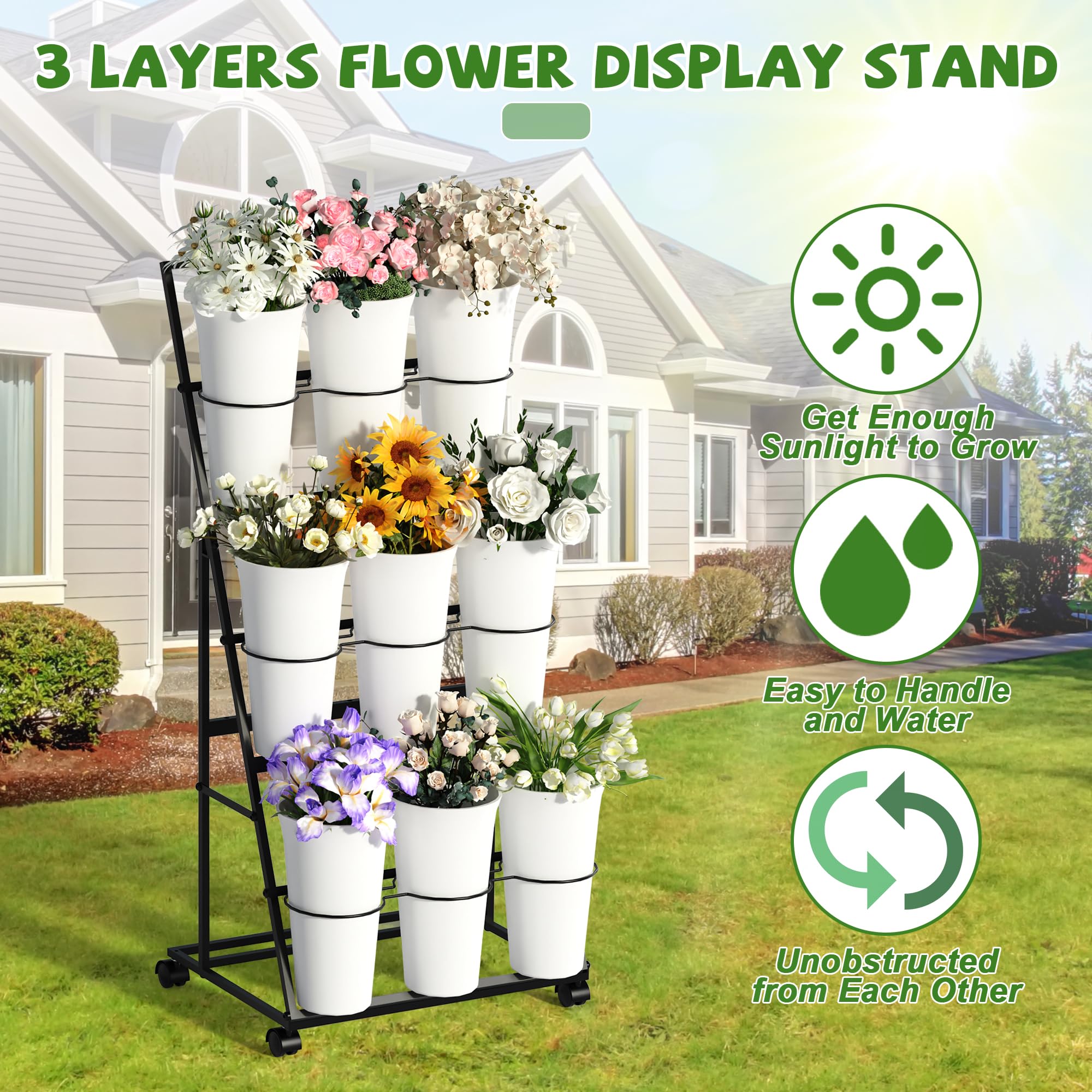 Invech 3-tier mobile flower cart with wheels for easy repositioning.