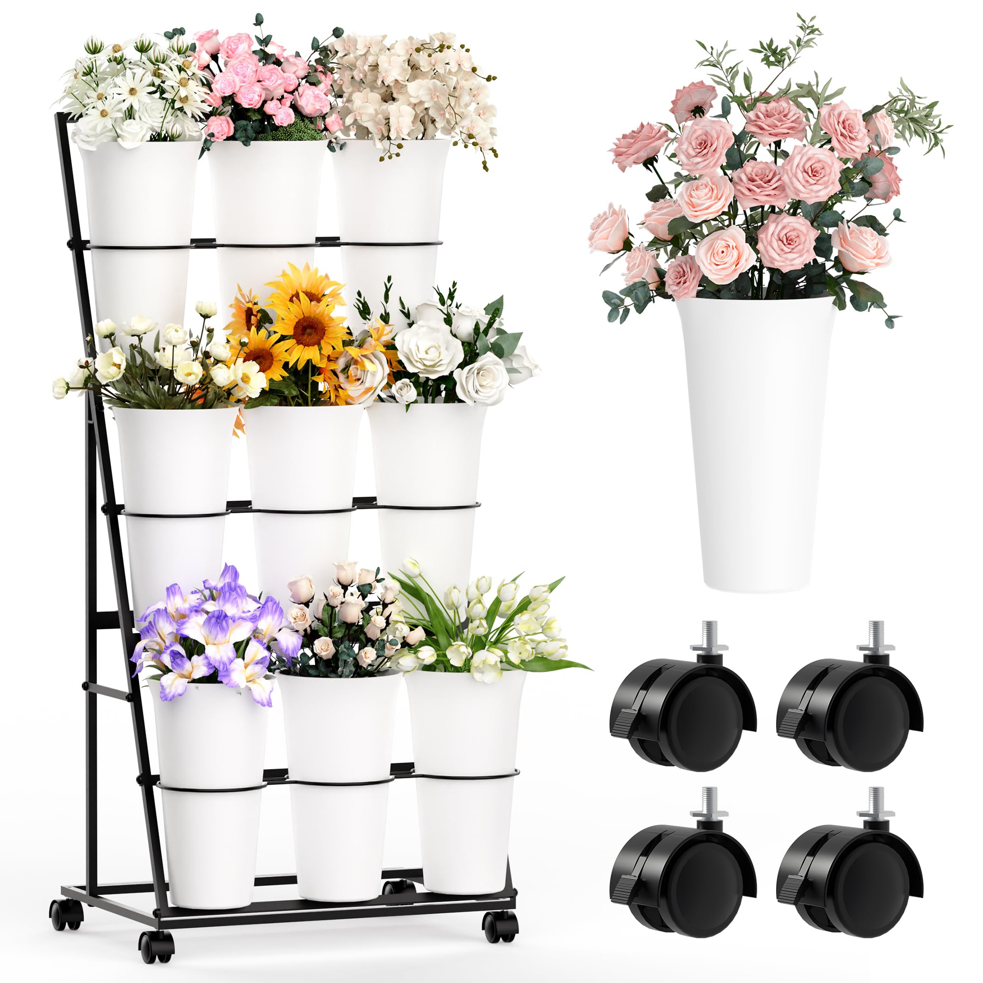 Invech 9-bucket display stand elevates flowers for vertical garden displays.
