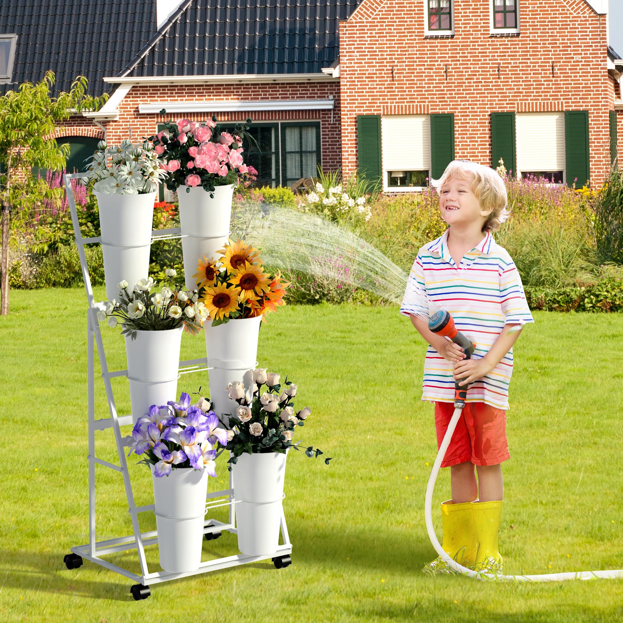 Invech movable flower stand with wheels enabling easy rearrangement.