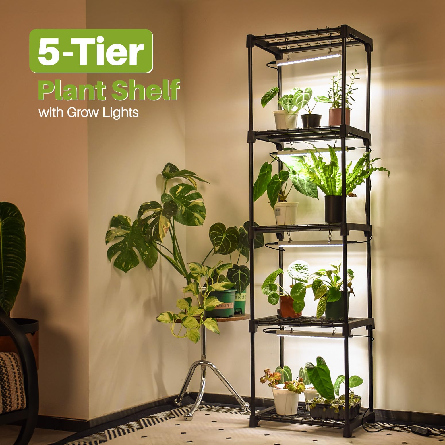 Inzlume five-tier plant stand organized with seed trays and plants