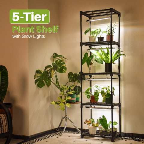 Inzlume five-tier plant stand organized with seed trays and plants