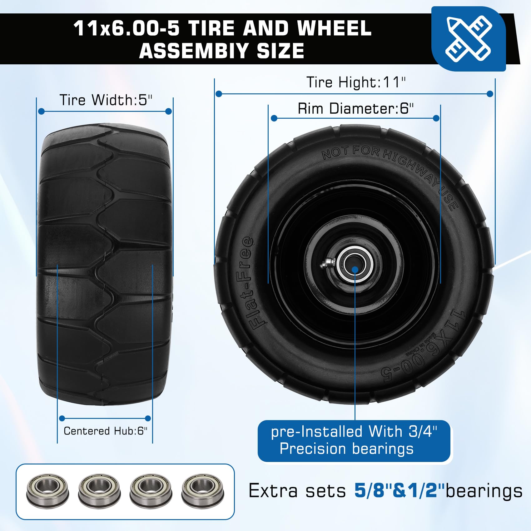 Iococee flat-free tire with steel rim close-up highlighting durable wear resistance.