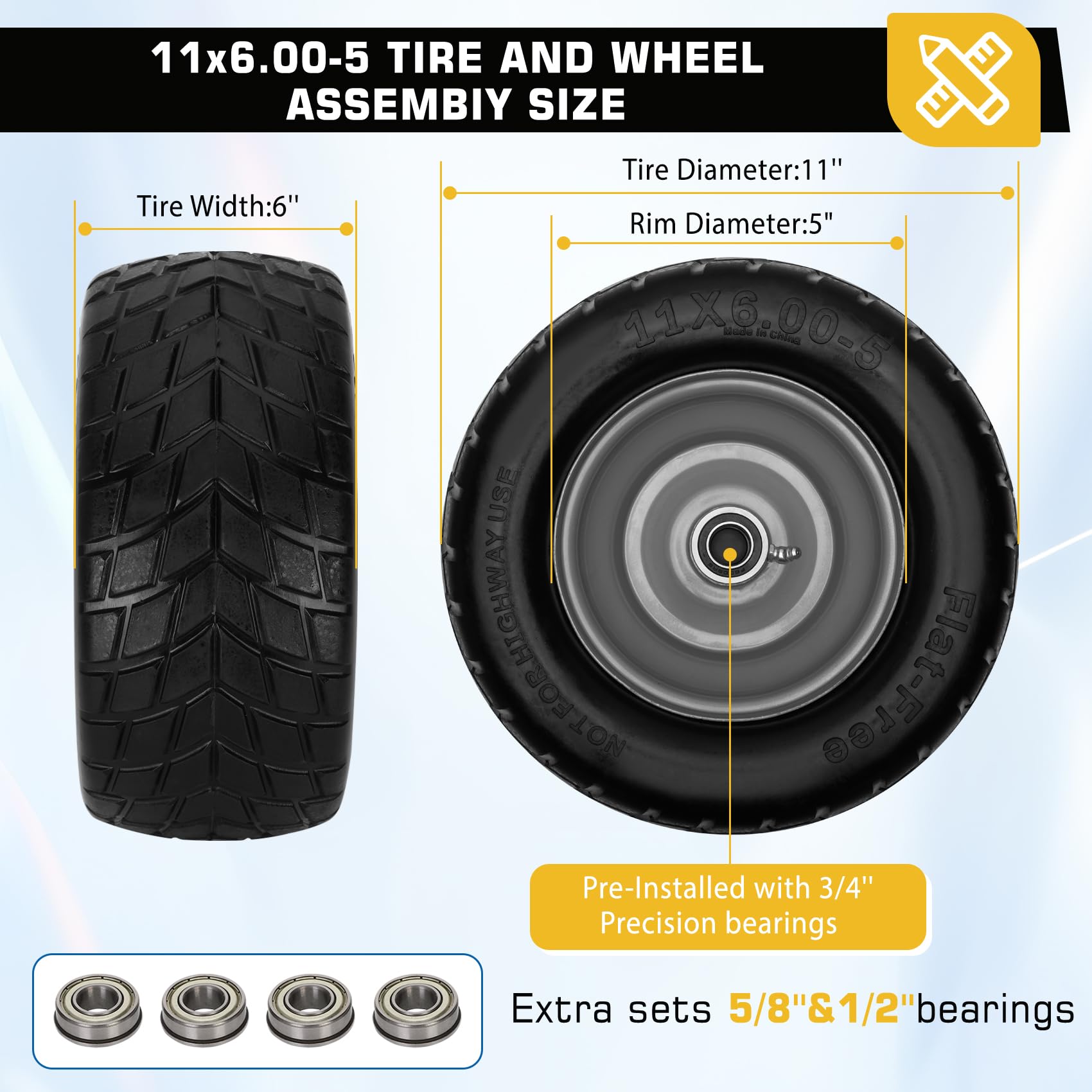 Iococee 11x6 flat-free tire top view, ready for effortless zero-turn mowing.