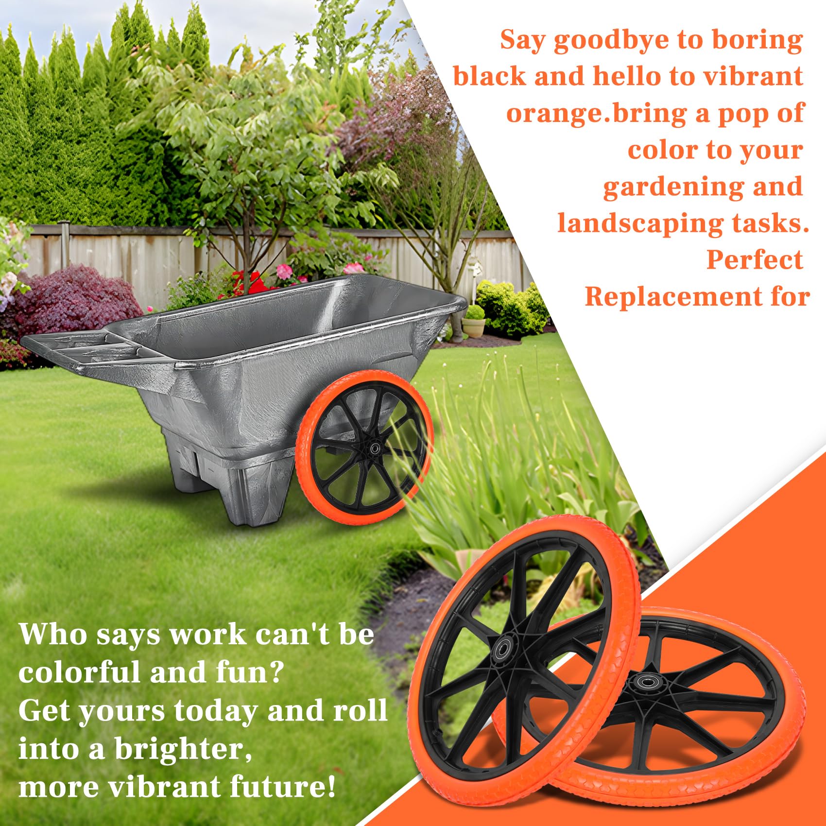 Iococee durable orange wheels resist deformation and wear for long-lasting lawn and farm use.