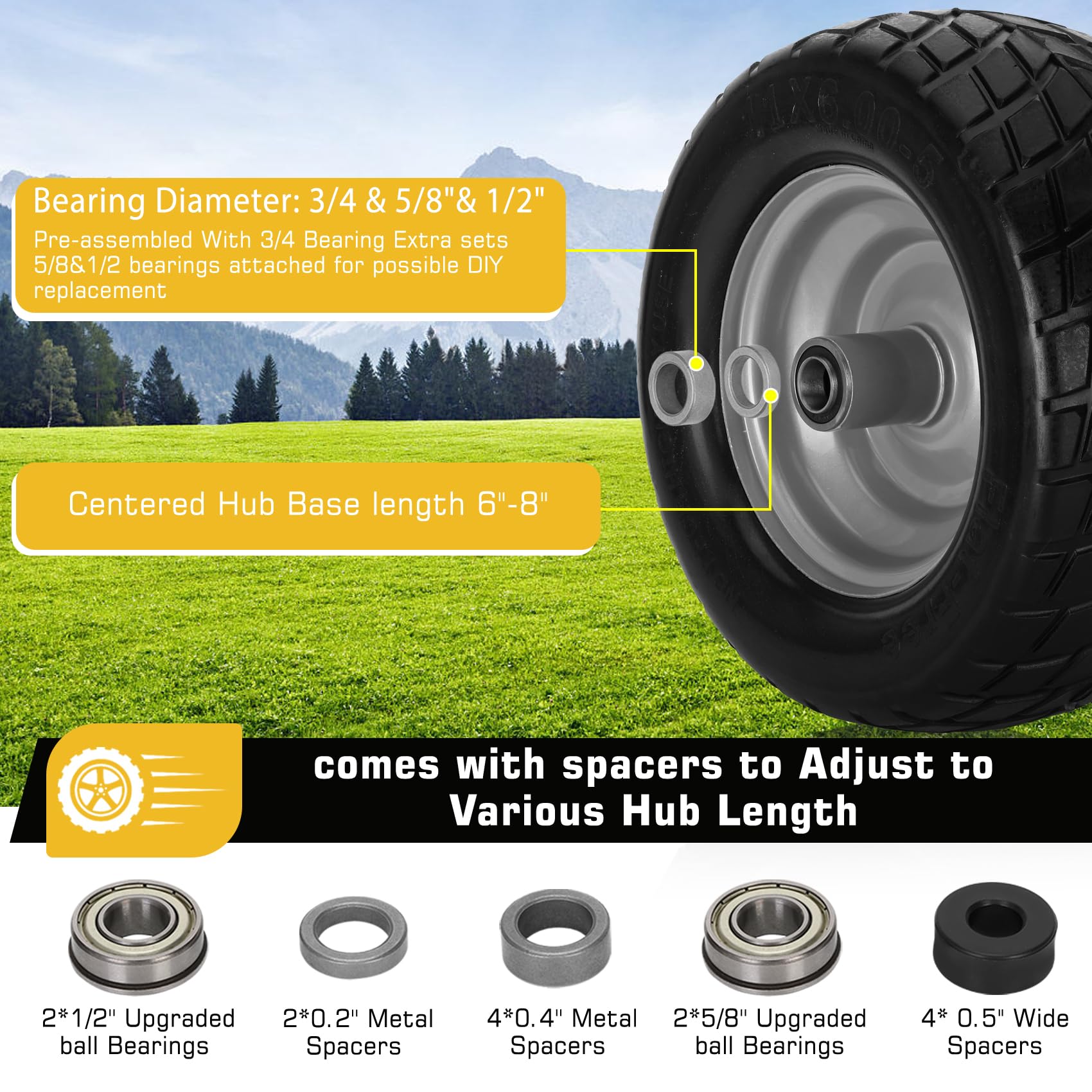 Iococee flat-free tire with bearing, smooth load support for heavy mowing tasks.