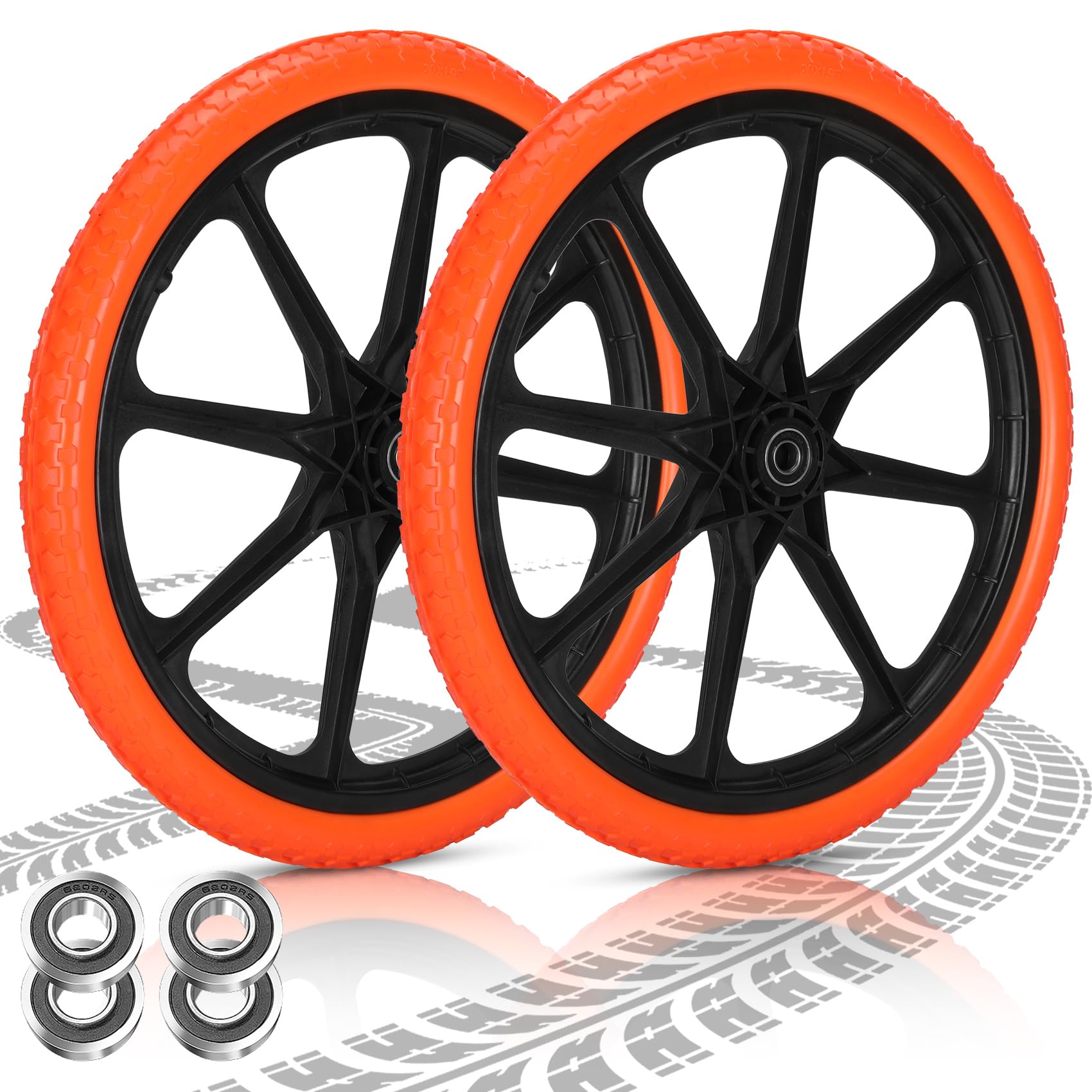 Iococee upgraded 20x1.95 flat-free tire with orange wheels for durable garden cart use.