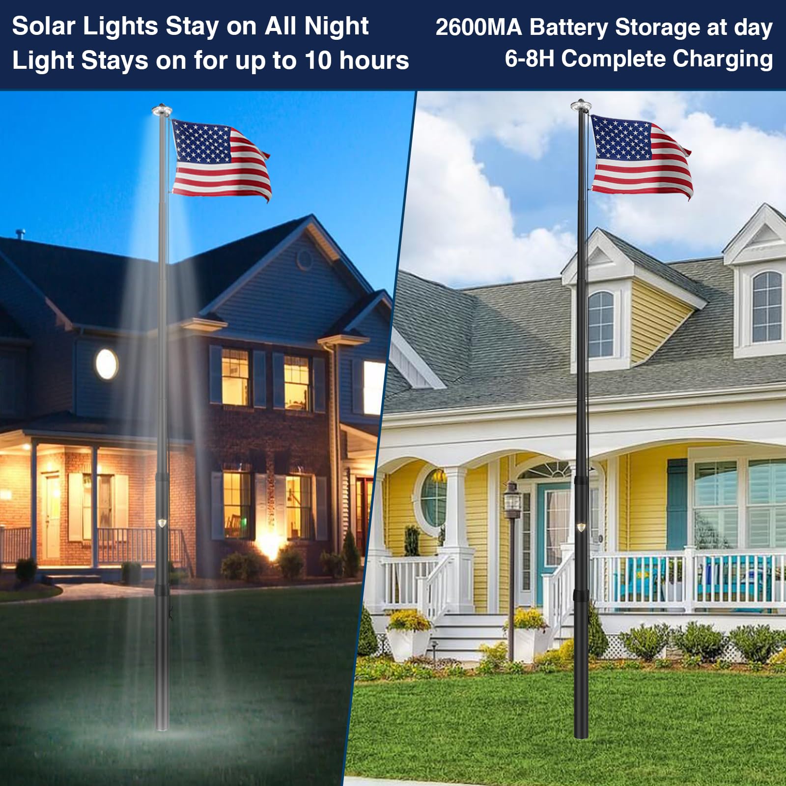 IOEN solar flag light installed and glowing at dusk for night display